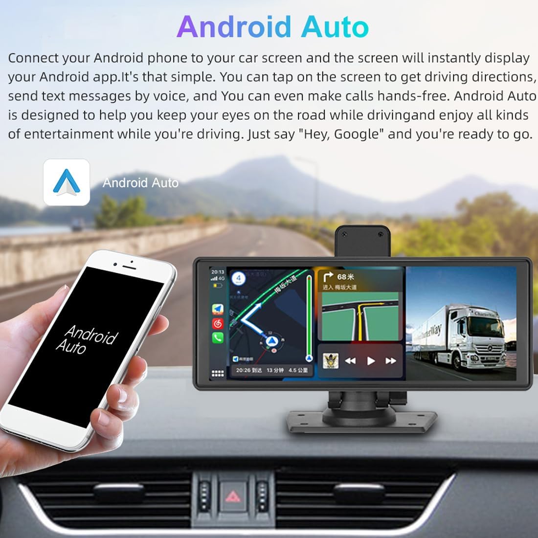 Portable Car Stereo with Wireless Carplay Android Auto, Car Radio 9.3 Inch IPS Touch Screen Car Monitor with AHD Reverse Camera/DVR/FM Transmitter/Bluetooth/AUX/Mirror Link Dash or Windshield Mounted