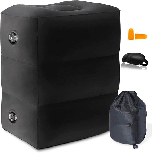 Inflatable Foot Rest Pillow for Travel, Adjustable Height Airplane Foot Cushion for Long Flights, Portable Comfort Footrest for Car, Office and Travel (Gray) (Black)