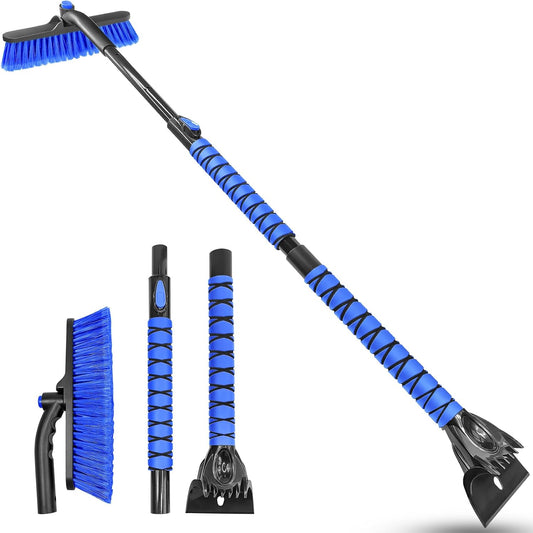 HEEYA 51 Inch Snow Brush for Trucks, Extendable Long Handle Ice Scraper with Brush with Foam Grip, SUV Heavy Duty Snow Brush with Ice Scraper for Car Auto RV Vehicle Windshield Window - Blue