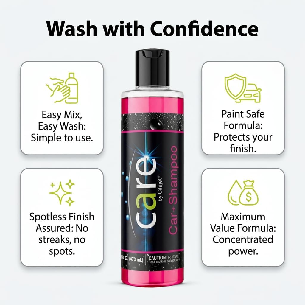 Care Car-Shampoo and Soap - Car Detailing Kit Essential - Vehicle Cleaning Supplies - Produces Thick, Foamy Suds - Gentle on Wax and Sealants, 16 Oz.