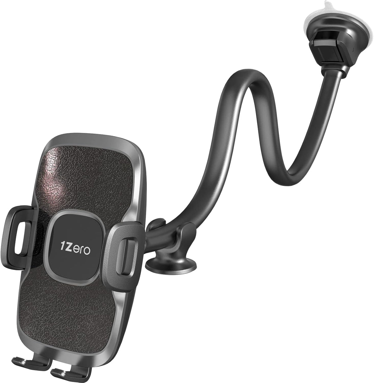 1Zero Solid Car Truck Phone Mount Holder with Thick Gooseneck Long Arm, Windshield Window Mobile Holders w/Industrial-Strength Suction Cup, Anti-Shake Stabilizer Compatible All Cell Phones, Black