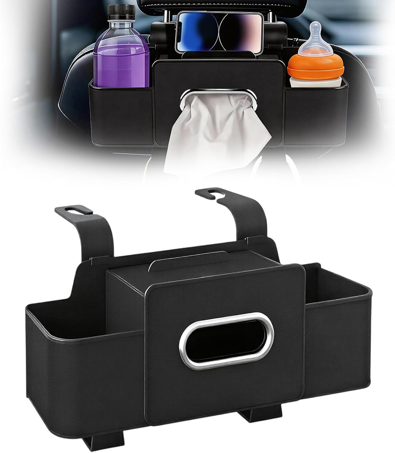 Car Organizer and Storage Box, Multifunctional Car Organizer Back Seat, Large Capacity Car Organizers and Storage Box for Phone, Drinks, Handbag, Travel Use, Compatible with Most Vehicles (Black)
