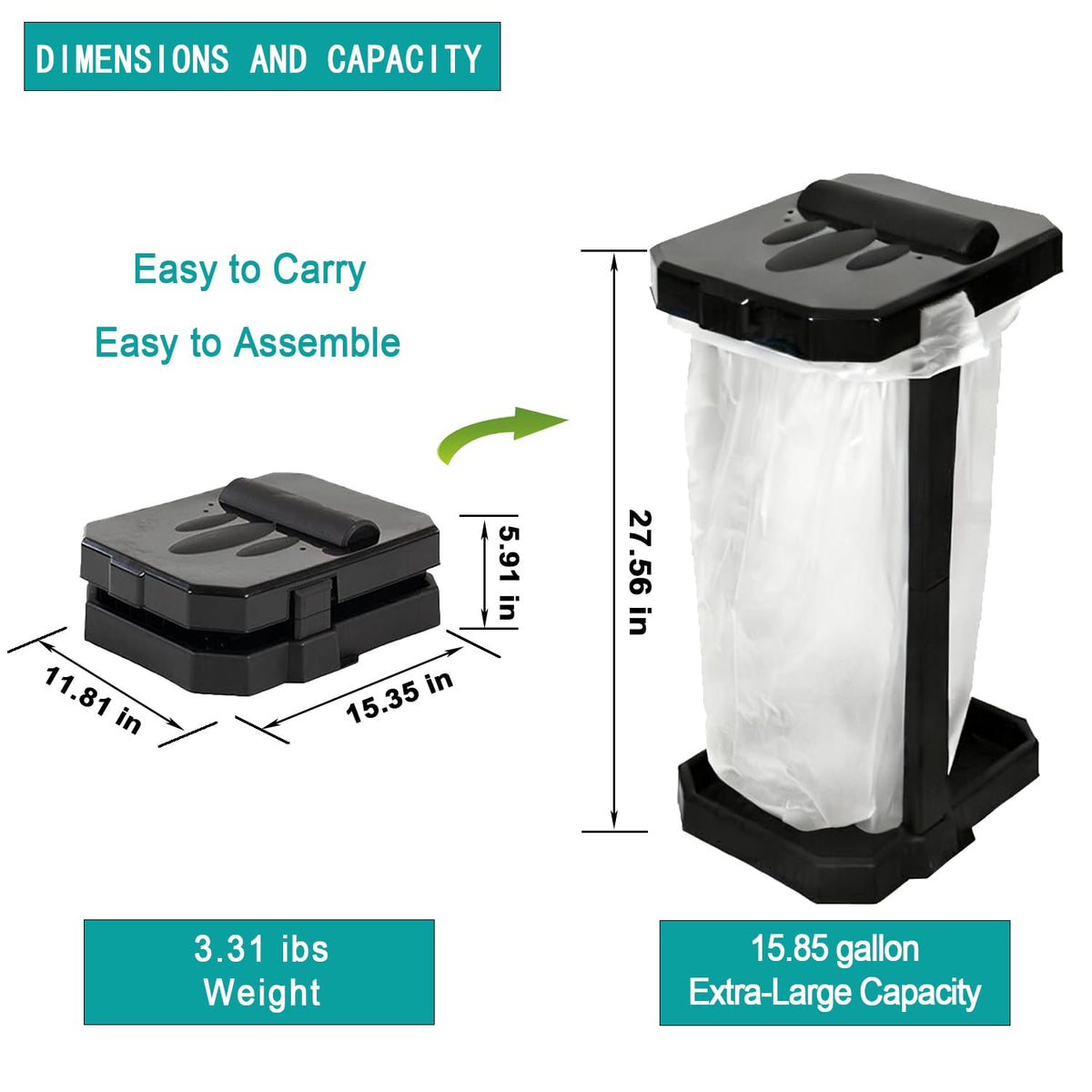 Collapsible Trash Can & Portable Garbage Bin with Reinforced Frame, 2 Ground Stakes, Trash Bag Holder - Includes Built-in Bag Dispenser & 20 Bags for Camping, RV, Outdoor & Home Use