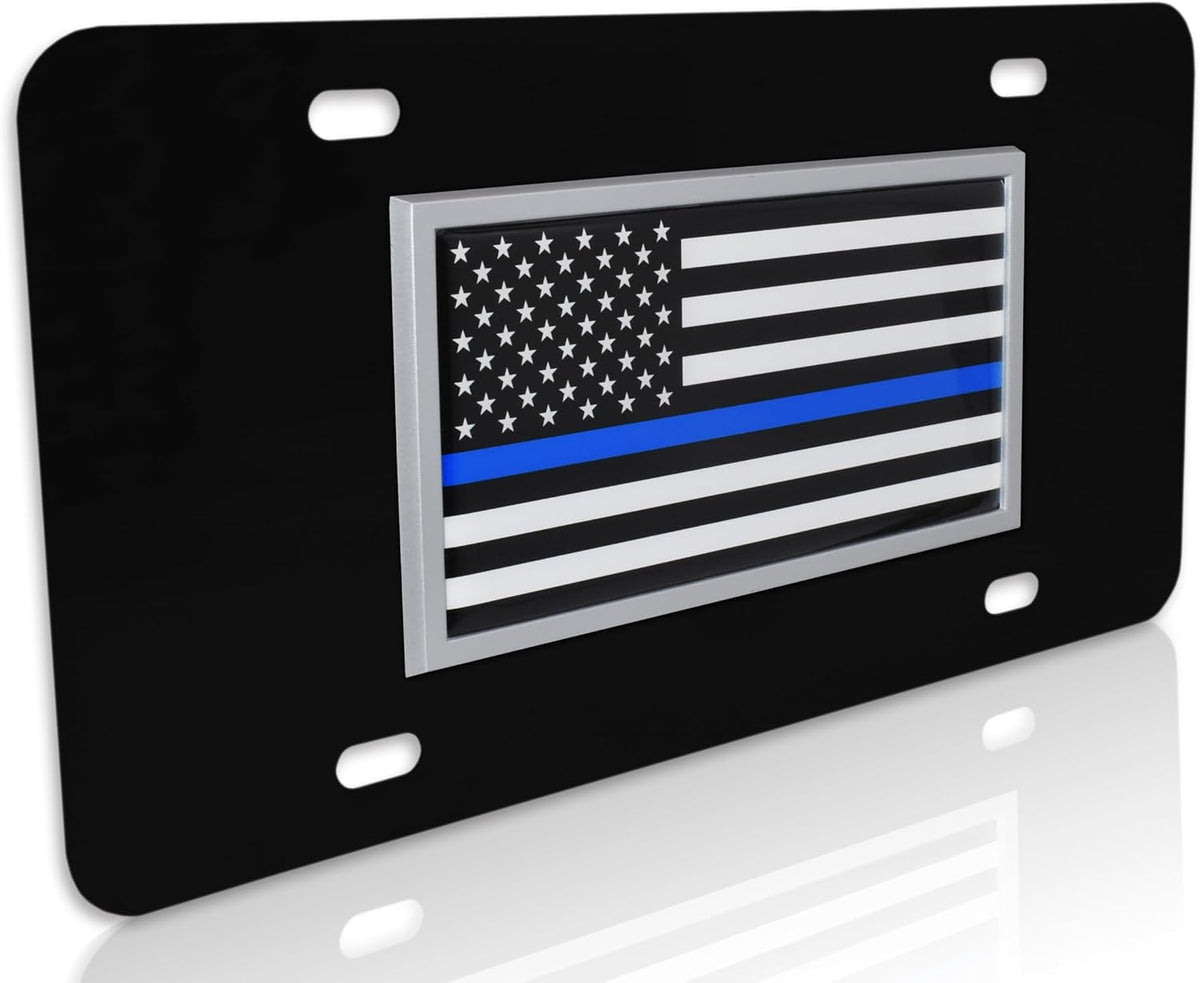 Elektroplate Police Thin Blue Line USA Flag All-Metal Black Decorative Front Plate with 3D Emblem | Weatherproof Automotive Accessory for Cars, SUVs, Trucks (12" x 6")