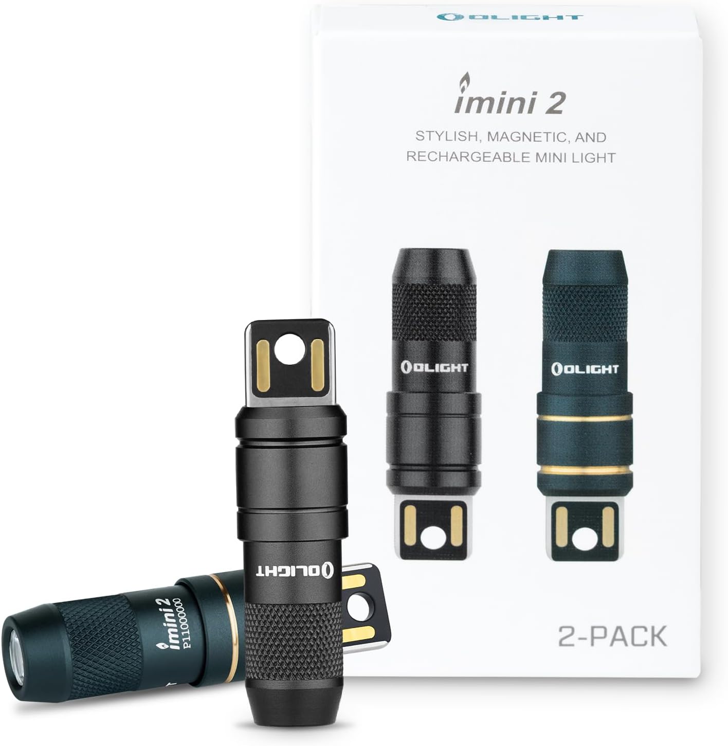 OLIGHT 2 Pack IMINI 2 EDC Rechargeable Keychain Flashlight, 50 Lumens Compact and Portable Mini LED Keyring Lights with Built-in Battery Ideal for Everyday Carry and Emergencies（Black+Dream Blue）