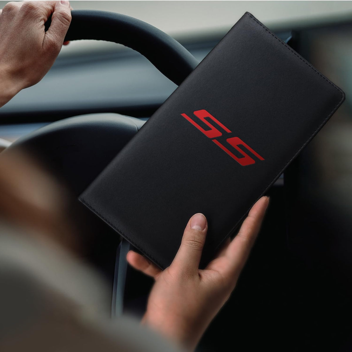 Leather Car Registration and Insurance Cards Holder Compatible with Chevy Camaro SS, Vehicle Glove Box Car Organizer with Magnetic Shut, Documents License for Camaro SS Owners