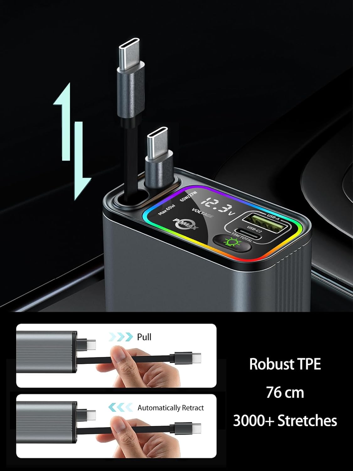 Retractable Car Charger USB C, 145W Max, Dual Cables, Voltage Display & LED