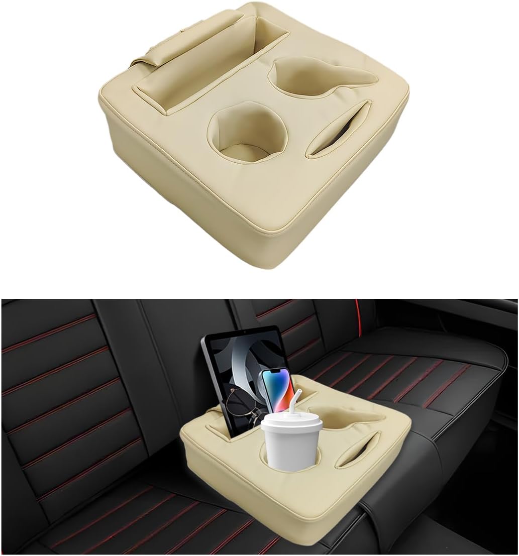 Car Back Seat Organizer, Leather Automotive Rear Seat Couch Cup Holder Expander Tray, Vehicle Cup Holder Tray Holds Snacks Remotes Phones for Truck RV Boat Couch Pillow Bed