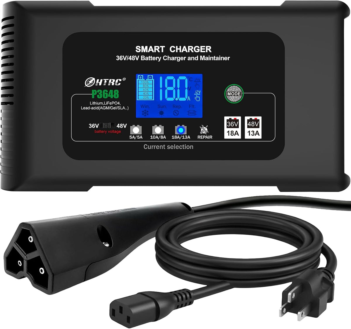Golf Cart Battery Charger, 48Volt 13AMP and 36Volt 18AMP Smart Trickle Charger, 48V Golf Charger for EZGO RXV&TXT 3-Pin Triangular Plug,Lithium,LiFePO4,Lead-Acid AGM/Gel/SLA..Battery Charger