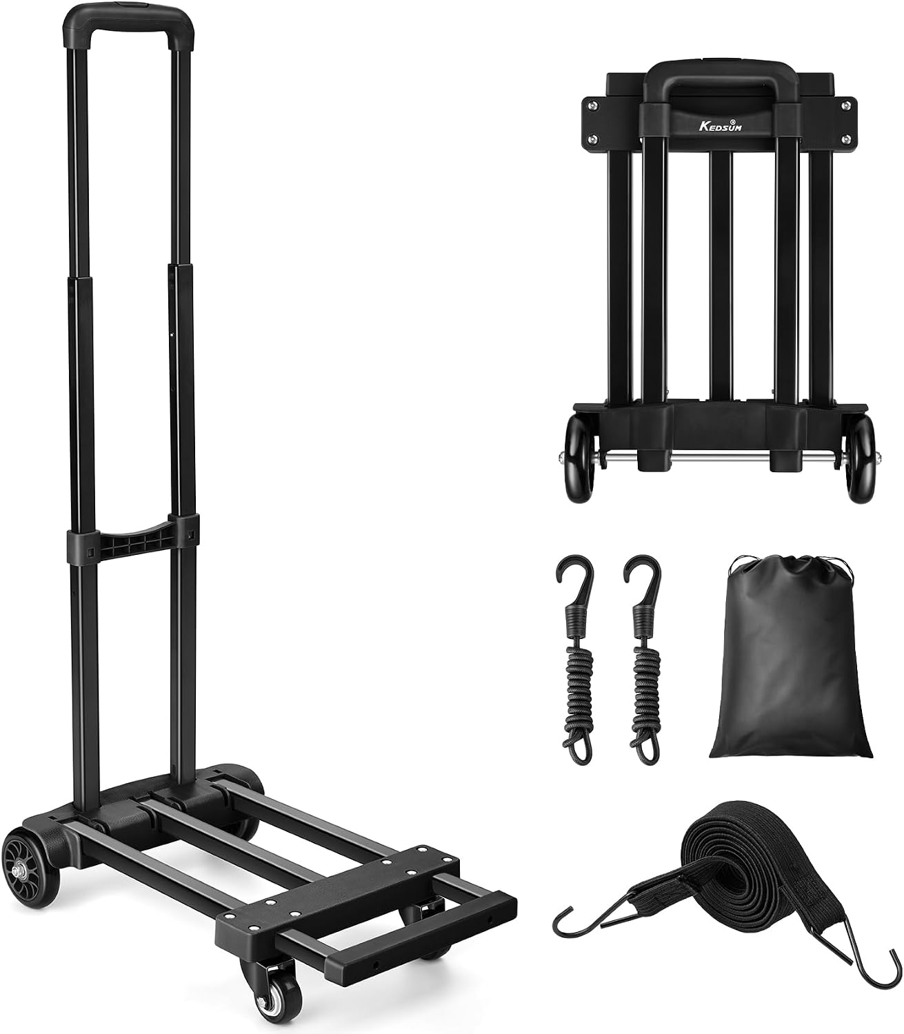 KEDSUM Folding Luggage Cart for Travel & Airport, 290lbs Foldable Hand Truck with Expandable Baseplate, Lightweight Portable Dolly 4 Wheels, Collapsible Small Dolly for Easy Moving & Storage
