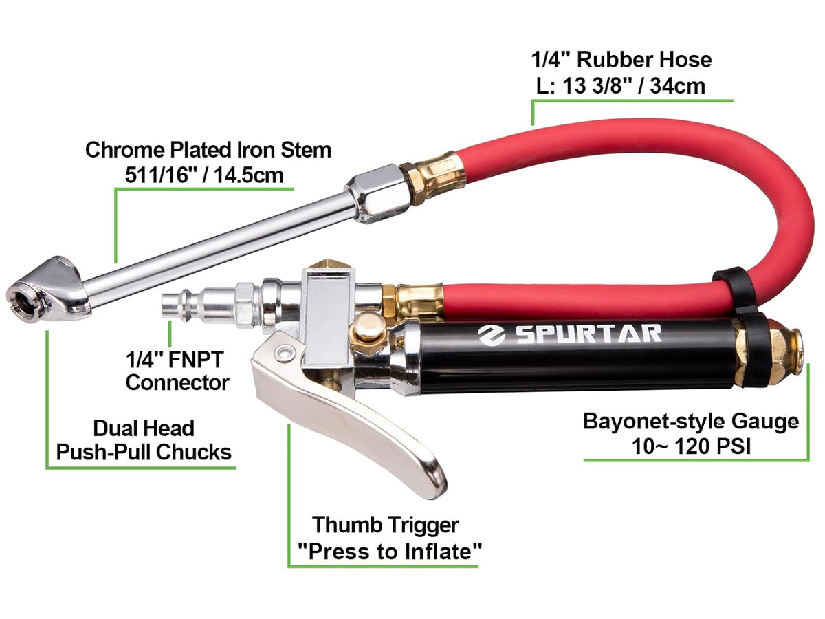Spurtar 10-120 PSI Tire Pressure Gauge with Inflator Heavy Duty