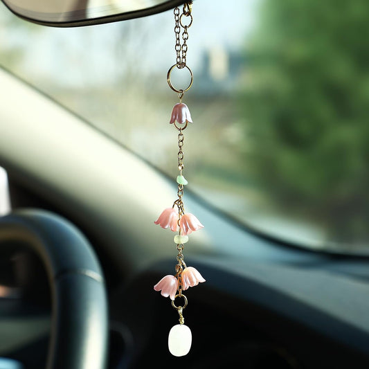 Car Rear View Mirror Accessories Car Hanging Ornament, Dark Pink Lily of The Valley Handmade Crystal Rearview Decor Charm Clear Quartz Beads Flower Swinging Interior Decor for Women Men