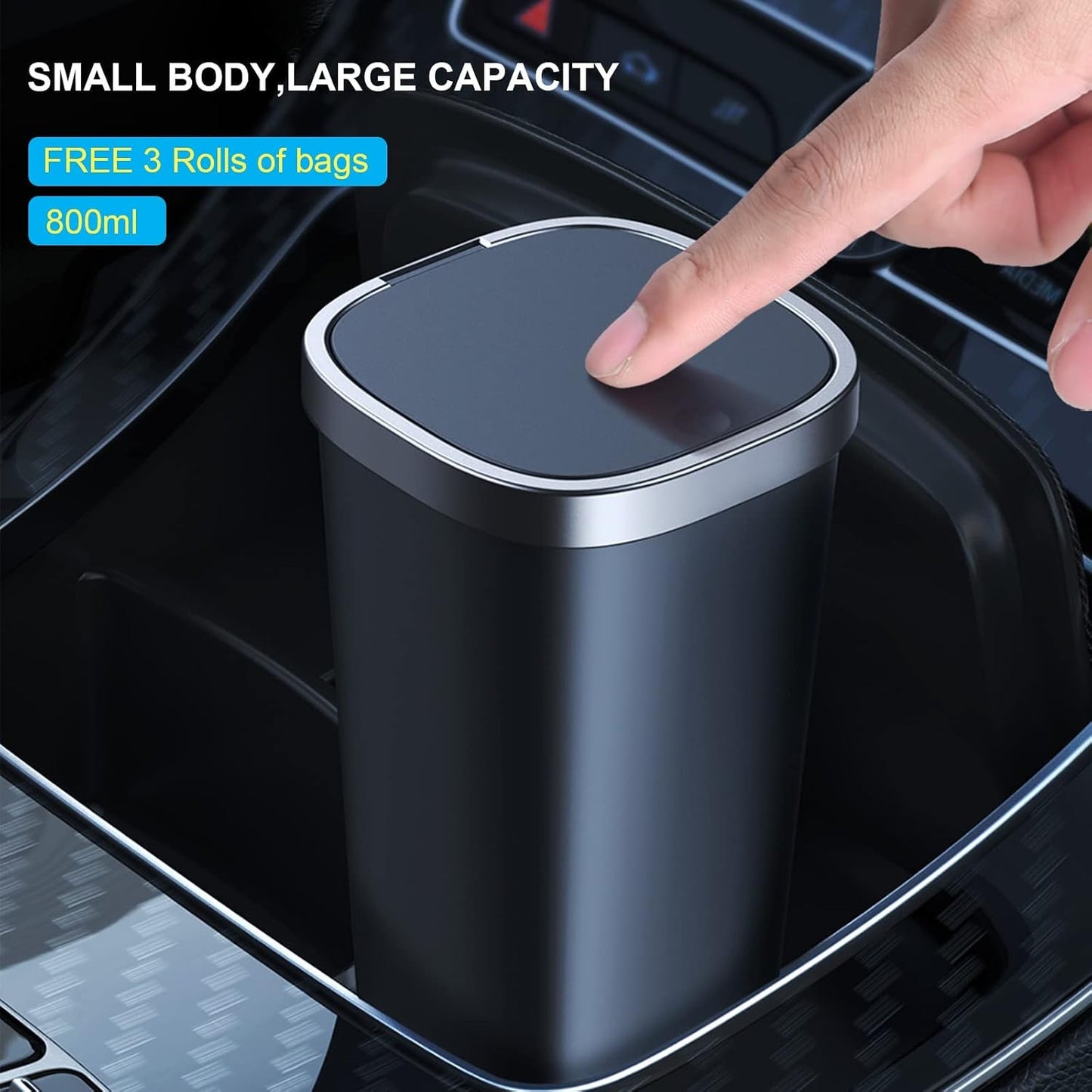 Mini Car Trash Can with Lid, Cup Holder Trash Can for Car with 3 Rolls Mini Trash Bags, Waterproof Small Car Garbage Can for Car Home Office Desk Bedroom -Square Black