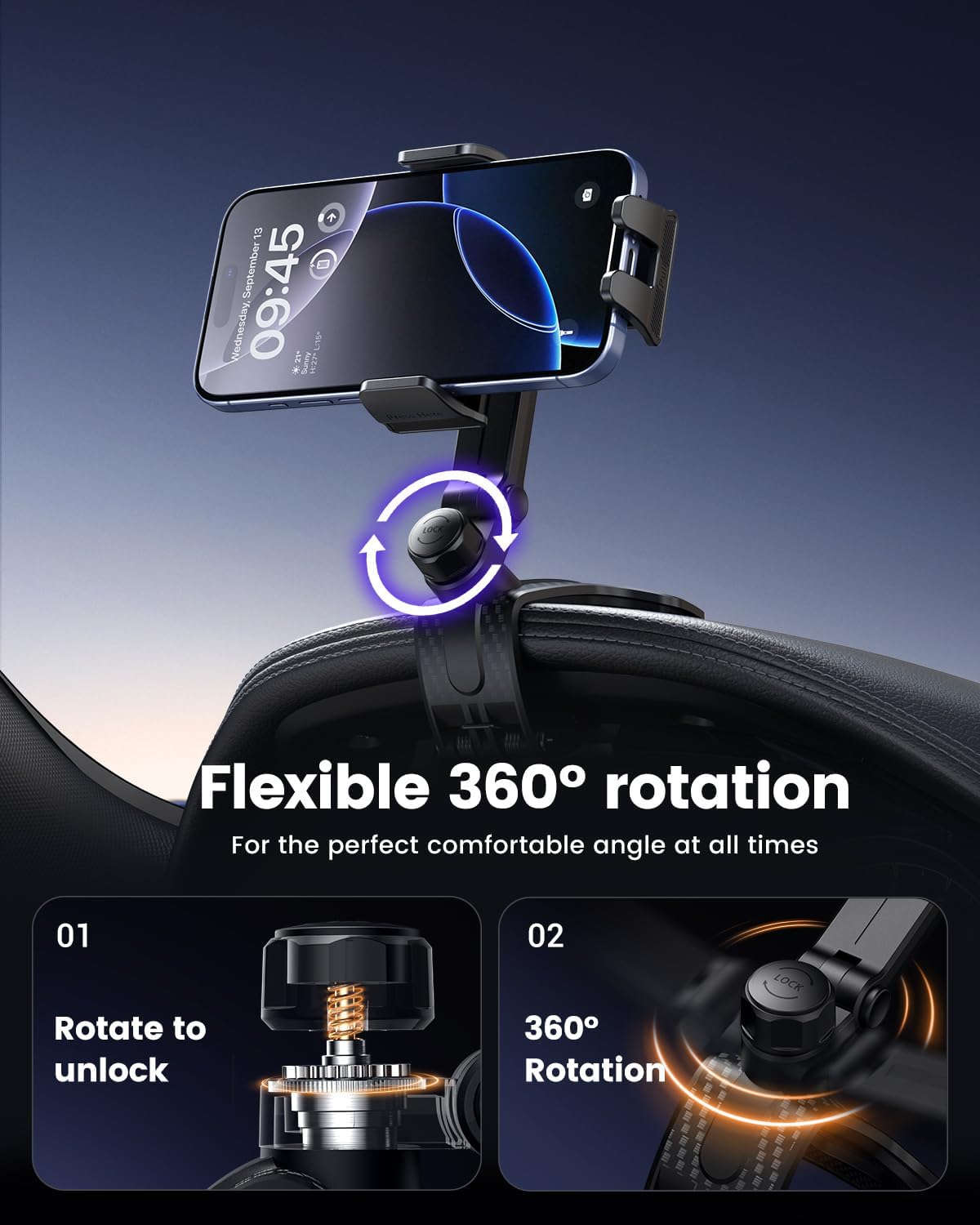 Dashboard Car Phone Holder Mount with Anti-Drop Clip - 360° Rotation Multifunctional Cell Phone Holder Car for iPhone, Samsung, Google and 4-7" Cellphones