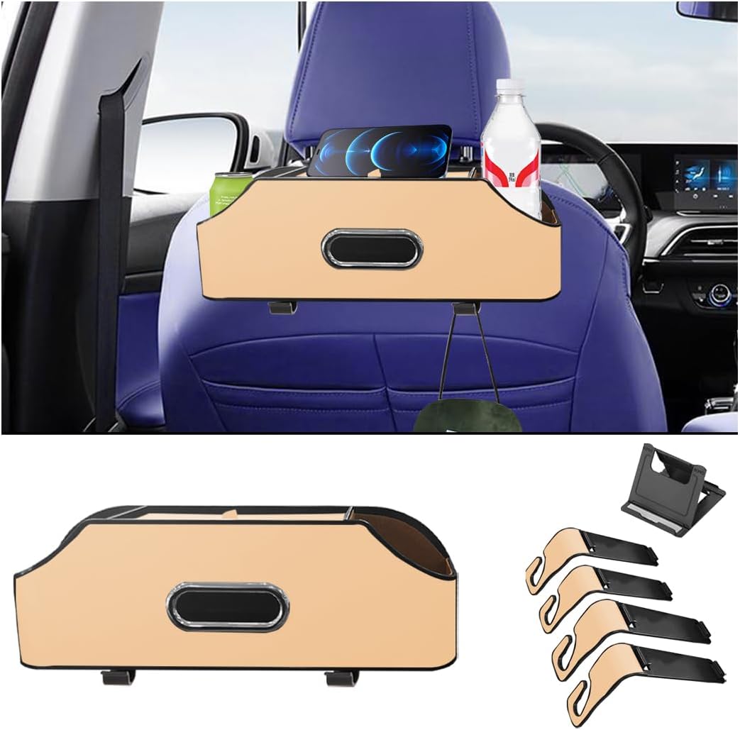 AUCELI Car Seat Back Organizer with Cup Holder and Tissue Box, Headrest Hanging Storage Box with Hooks and Phone Holder, Multi-Function Travel Tray for Kids, Road Trip Car Accessories