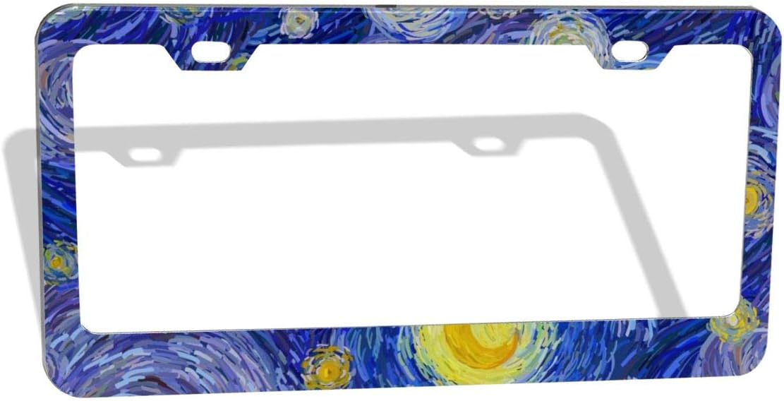 Starry Night License Plate Frame Print Auto Tag Frames Art Oil Painting License Plates Holder 2 Holes Decorative Car Plates Cover Blue for Men Women