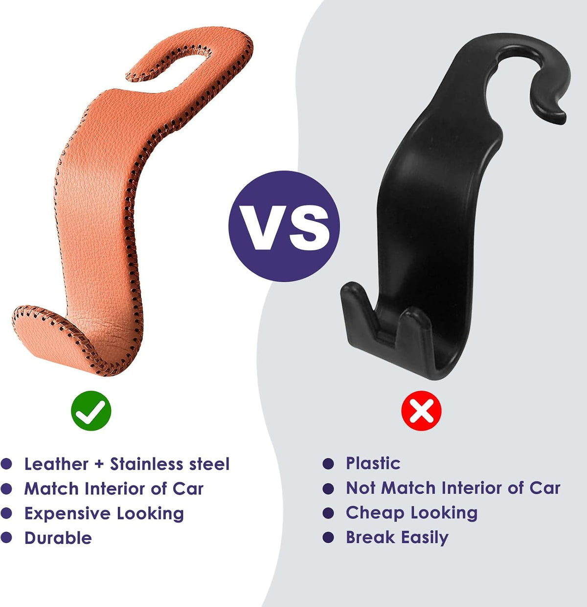AMVOYOA Leather Hooks for Headrest - Fully Leather-Wrapped U-Shaped Purse Holder for Car, Flexible Seat Back Organizer & Durable Car Accessories for Purses, Bags, Coats & More (Brown, 2 Pack)