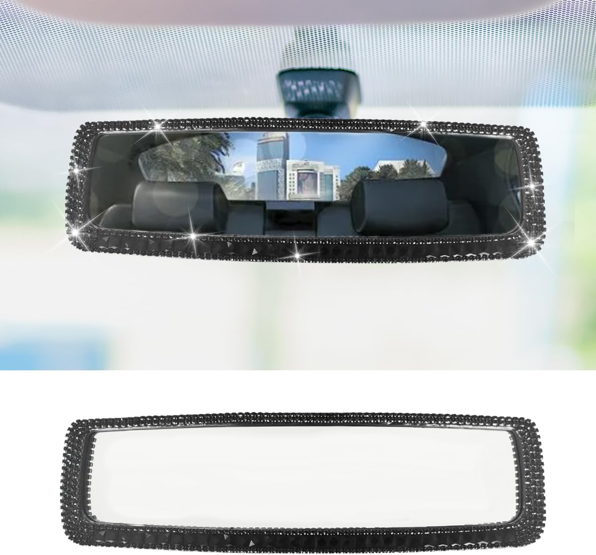 JOYCOURT Bling Rhinestone Panoramic Rear View Mirror Clip-On Mirror, Black