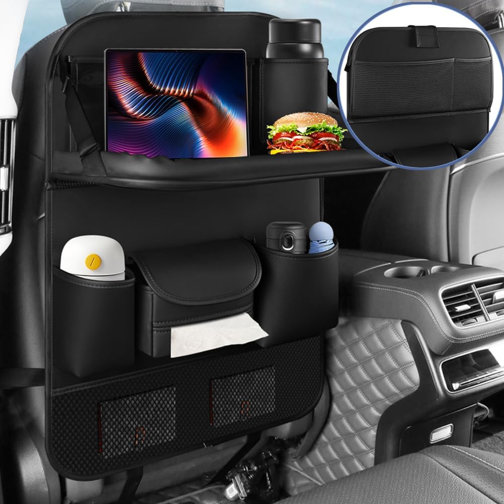 2PCS Car Backseat Organizer Seat Back Protectors Kick Mats with Foldable Table Tray, PU Leather Car Storage Organizer with Tablet Holder, Car Tissue Holder Kids Toys Storage Travel Accessories (Black)