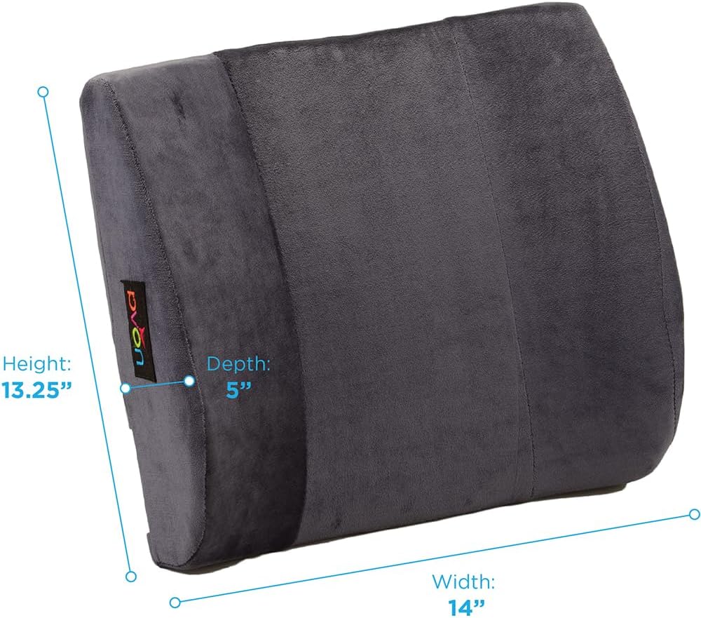 NOVA Lumbar Back Cushion – Contoured High-Density Foam Back Support Pillow for Office Chair, Car, Plane & Wheelchair, Adjustable Strap, Removable Washable Velour Cover, Charcoal Blue (14” x 13”)