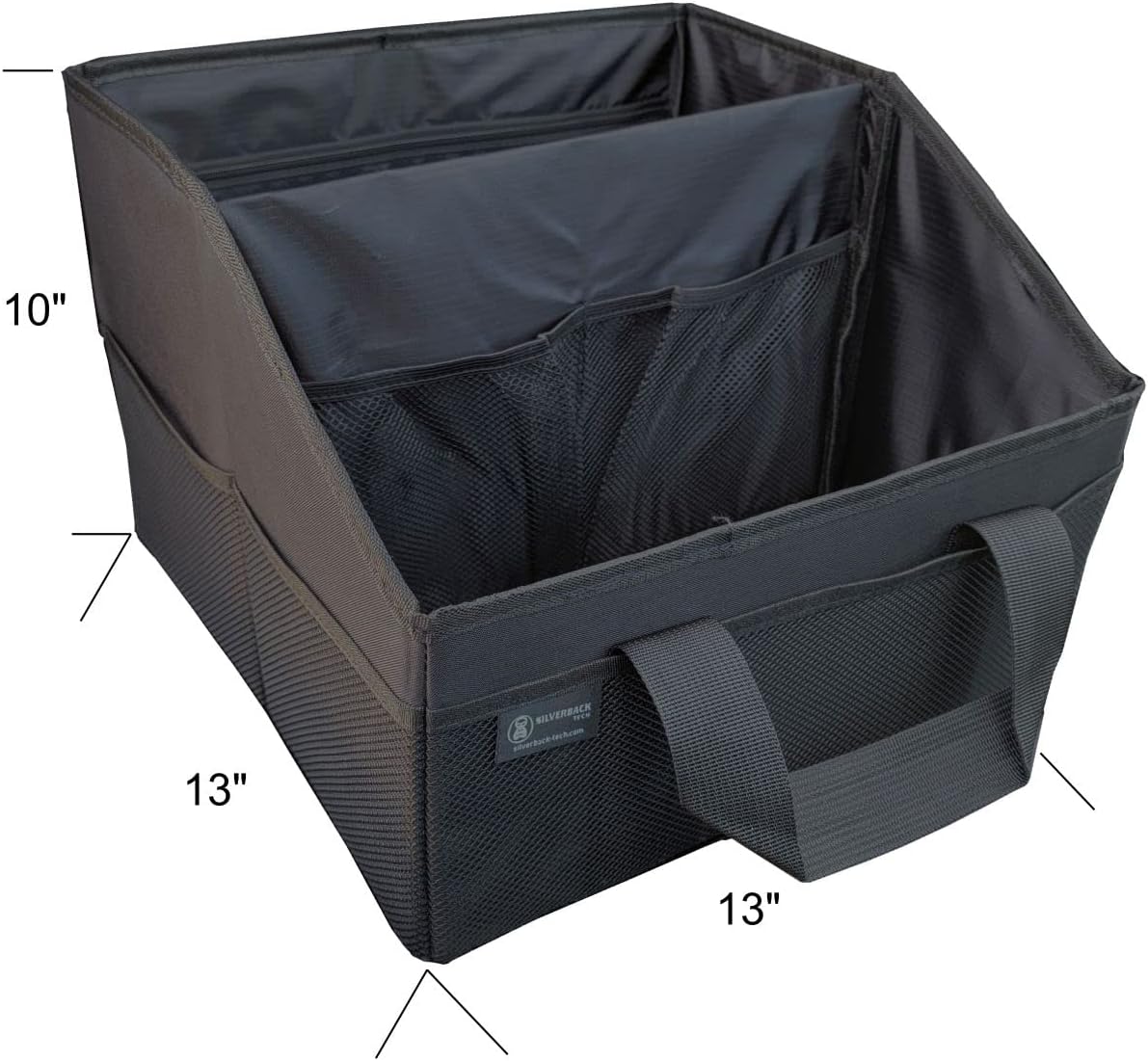 New Wider Tote Organizer, Collapsible with Elastic Strap for Easy Storage, Center Back Seat Container with Seat Belt Securing Loop. Tesla Accessories (Black XL Tote, 1 pack)