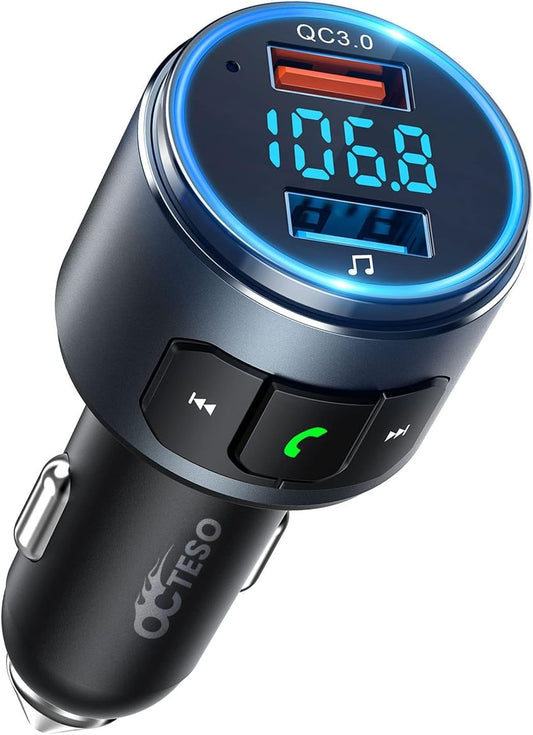 Upgraded V5.3 FM Bluetooth Transmitter, Bluetooth Car Adapter QC3.0 & LED Backlit Wireless FM Radio Adapter Music Player/Car Kit, Siri Google Assistant