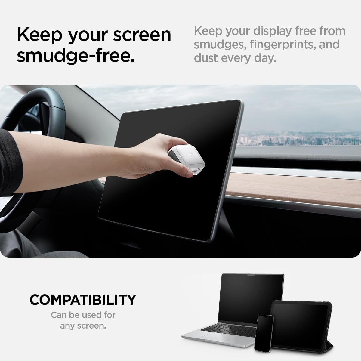 Spigen EZ Slide & Brush Screen Cleaner for Car (White) with 2 Pack Magnetic Vegan Leather Sunglass Holder for Car Sun Visor (Gray)