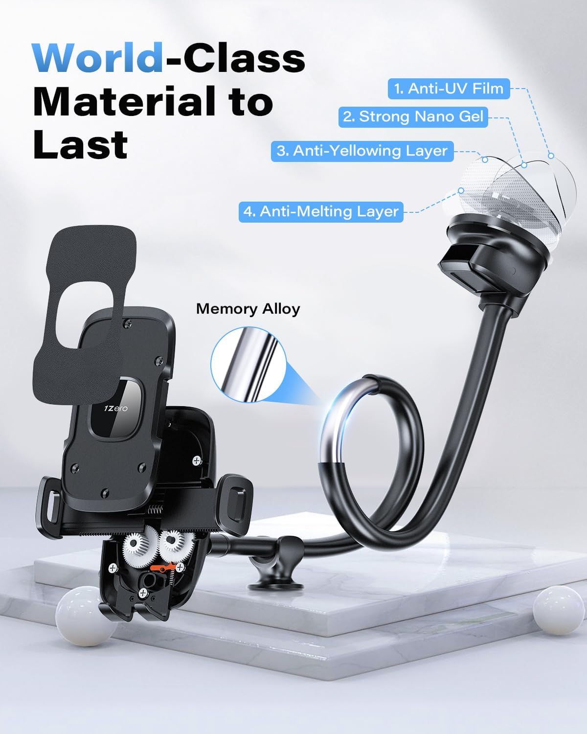 1Zero Solid Car Truck Phone Mount Holder Black with 14" Gooseneck Long Arm