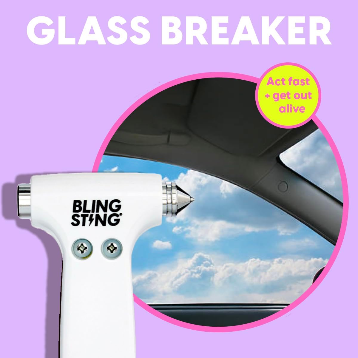 BLINGSTING Safety Hammer - Emergency Automotive Escape Tool with Window Breaker, Seat Belt Cutter & Adjustable Car Visor Strap - Tempered Glass Breaker - Steel Blade - Rose Gold (1 Count)
