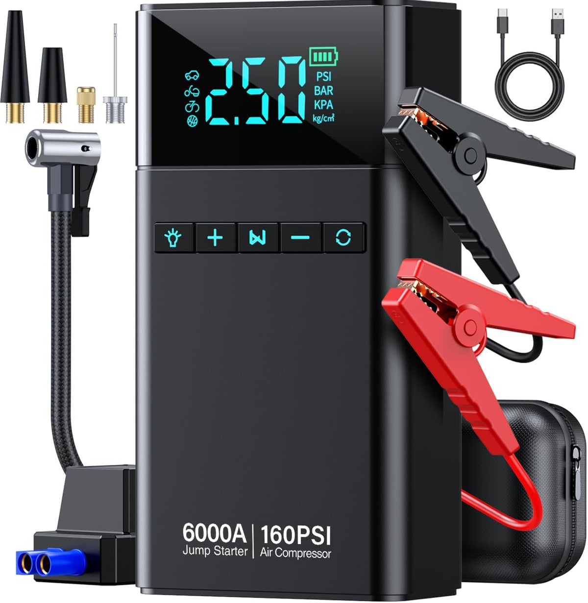 6000A 10-in-1 Car Battery Jump Starter with Air Compressor 160PSI