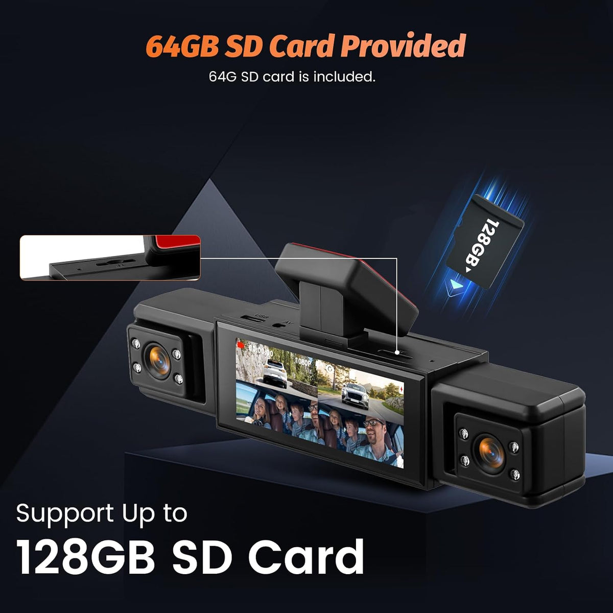 3.16" 360°1080P 4-Channel Dash Cam, Front Inside Left Right
