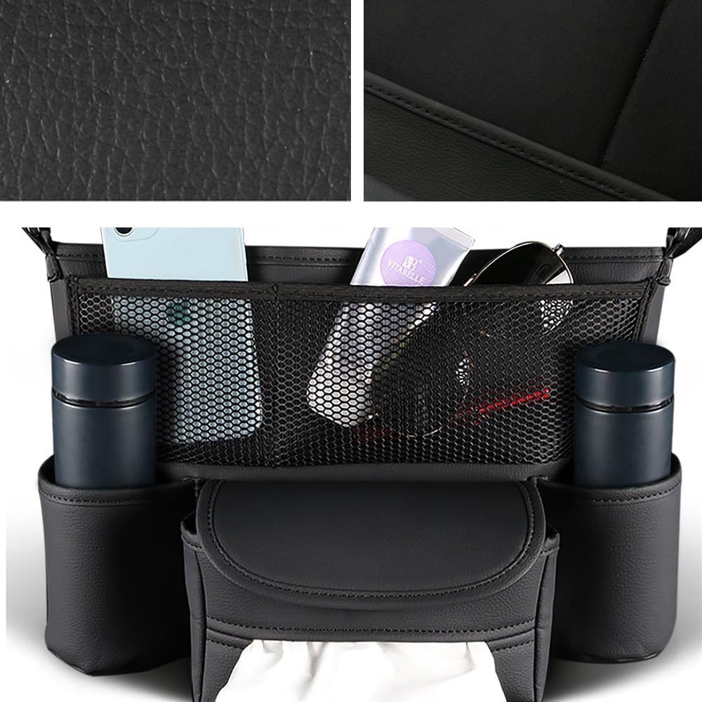 Car Purse Holder Between Seats Car Organizer, Leather Large Capacity Car Handbag Holder for Front Seat, Seat Back Net Bag Double-sided Tissue Storage Handbag Holder Car Divider (Black)