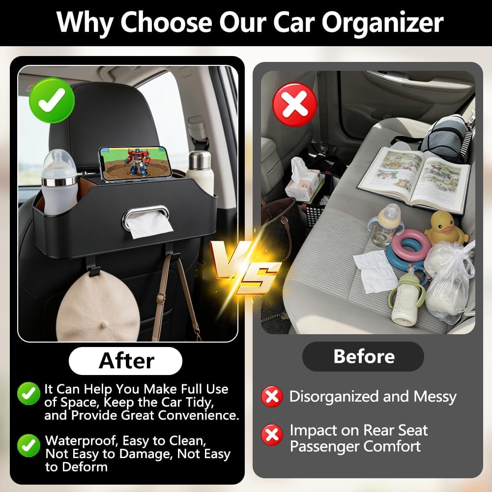 Abnaok Back Seat Car Organizer, 4 in 1 Multifunctional Car Back Seat Storage Box with Drink Cup Holder Tissue Box, for Hold Phone,Snacks, Drinks, Handbag