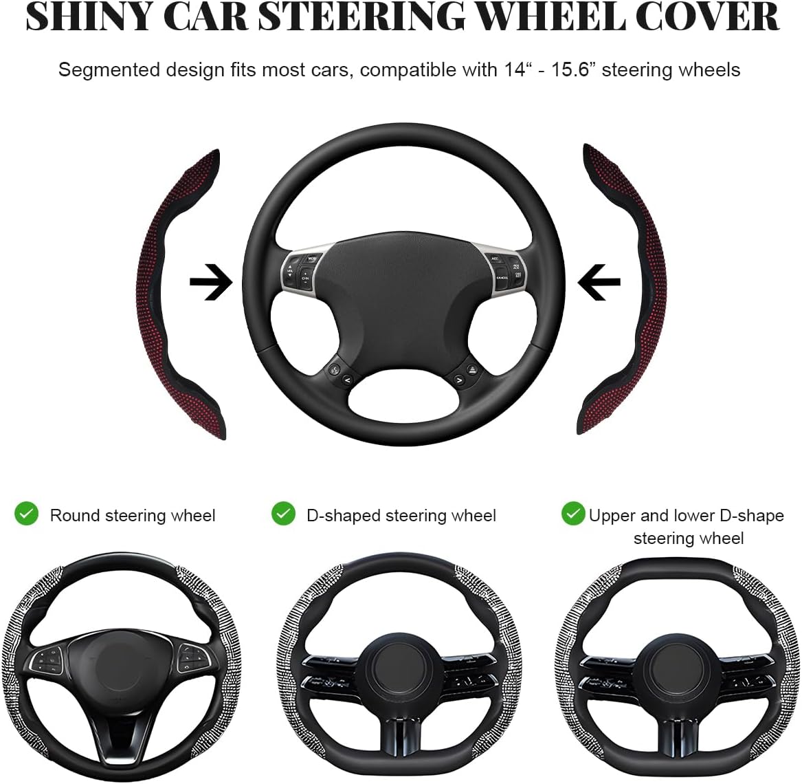 2 PCS Steering Wheel Cover, Segmented Car Wheel Covers with Crystal Rhinestones, Non-Slip Protector Bling Sparkly Decoration for Most Steering Wheels, Car Accessories (Red)