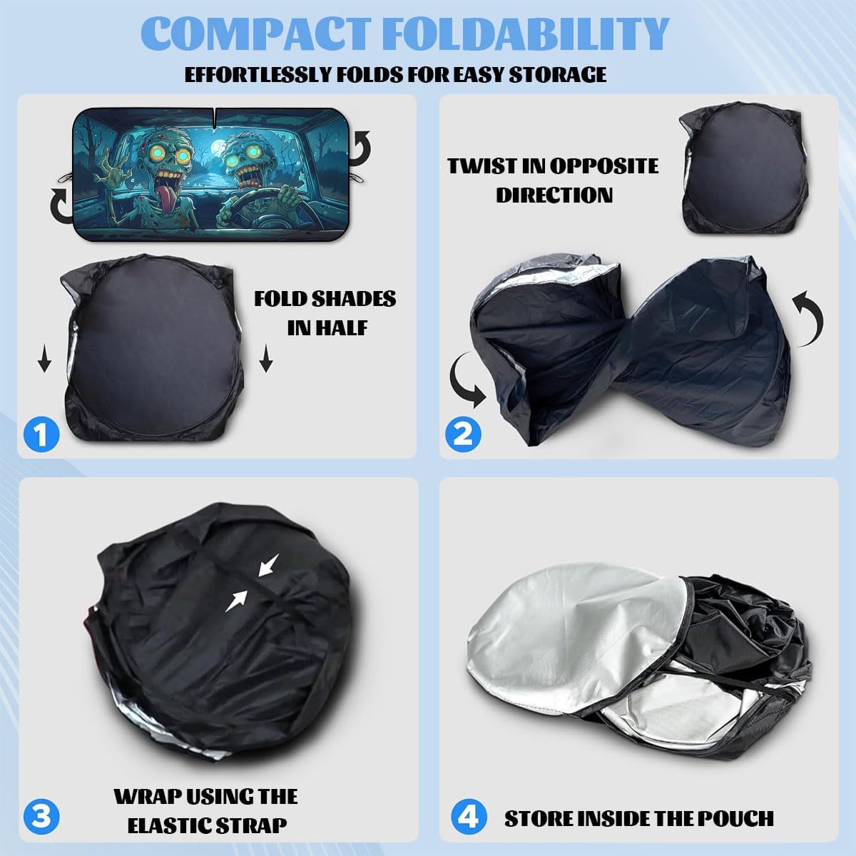 Funny Zombie Car Windshield Sun Shield, 59"L x 31.5"W, Universal Fit, Polyester, UV Protection, Easy Installation