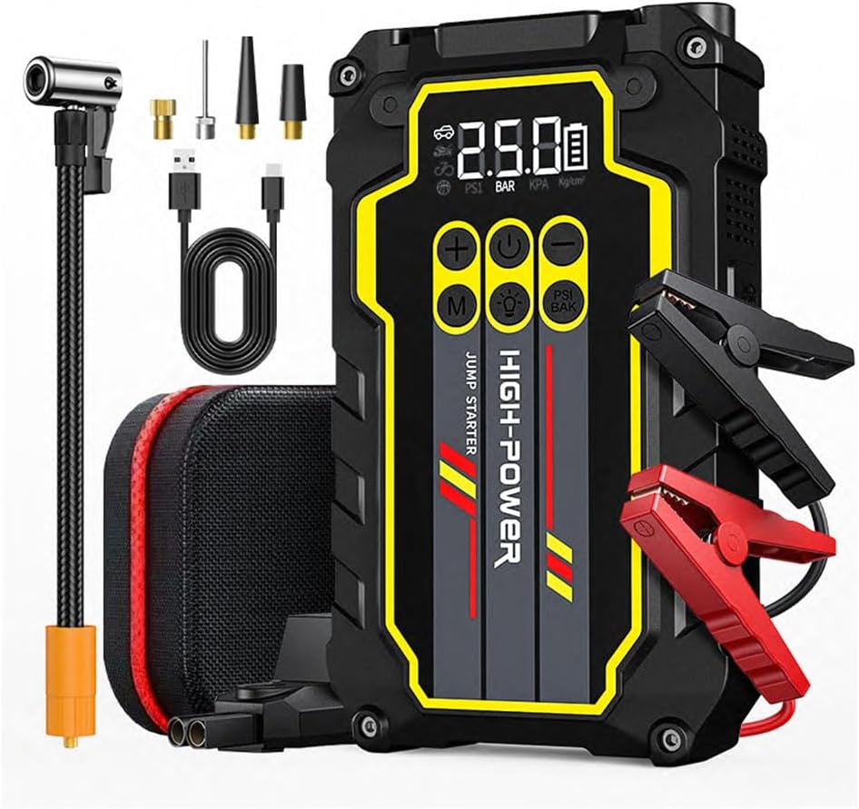 Jump Starter 4000A 12V Car Battery Booster Pack (Up to 7.0L Gas, 5.5L Diesel), Portable Power Bank with Air Compressor, 400LM LED Flashlight, SOS for Truck, SUV, Vehicles