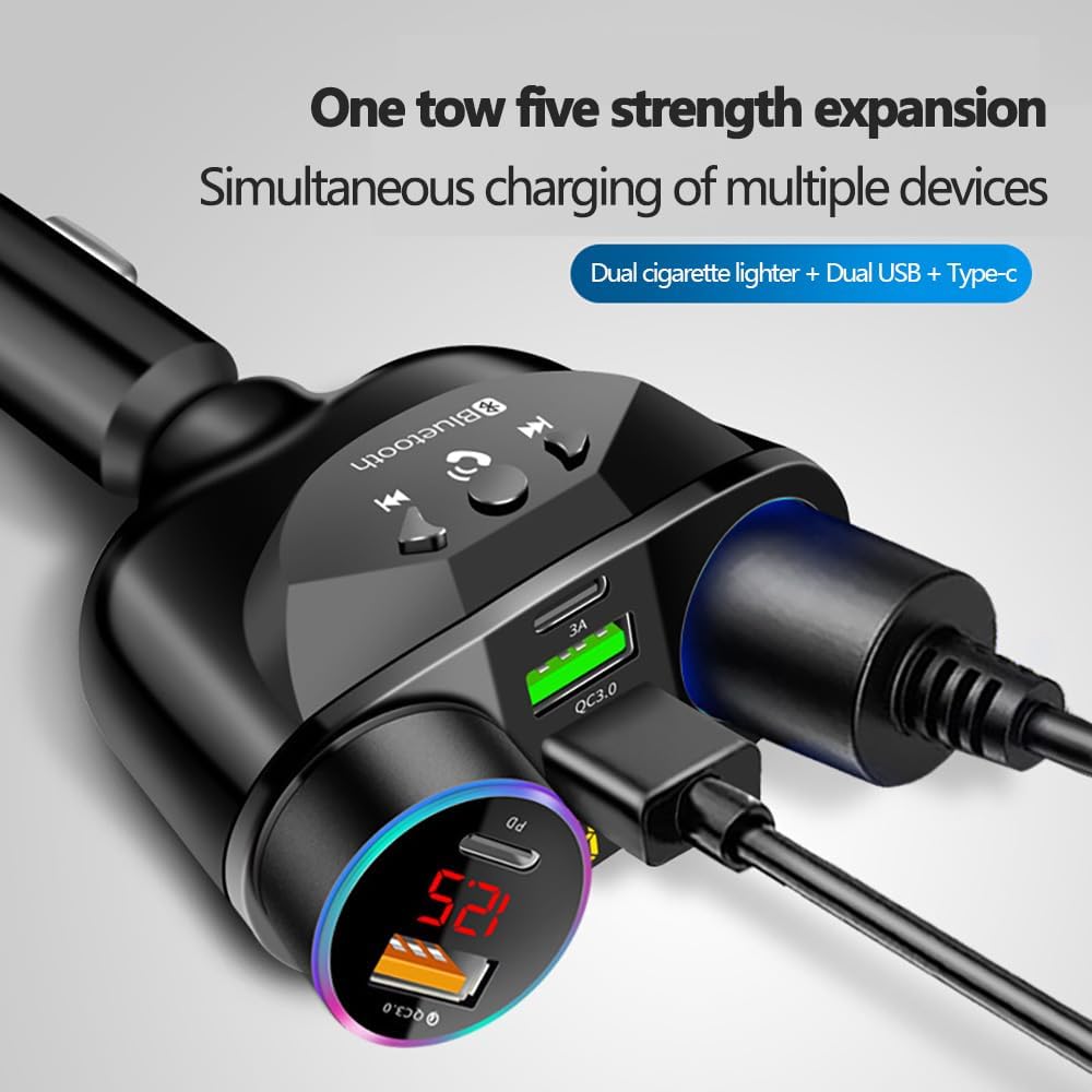 12-24V Car Cigarette Lighter Splitter, Bluetooth5.0 Adapter for Car, 2-Socket Cigarette Lighter Adapter Dual USB QC3.0 &PD Fast Car Charger FM Transmitter [Voltage Detection]