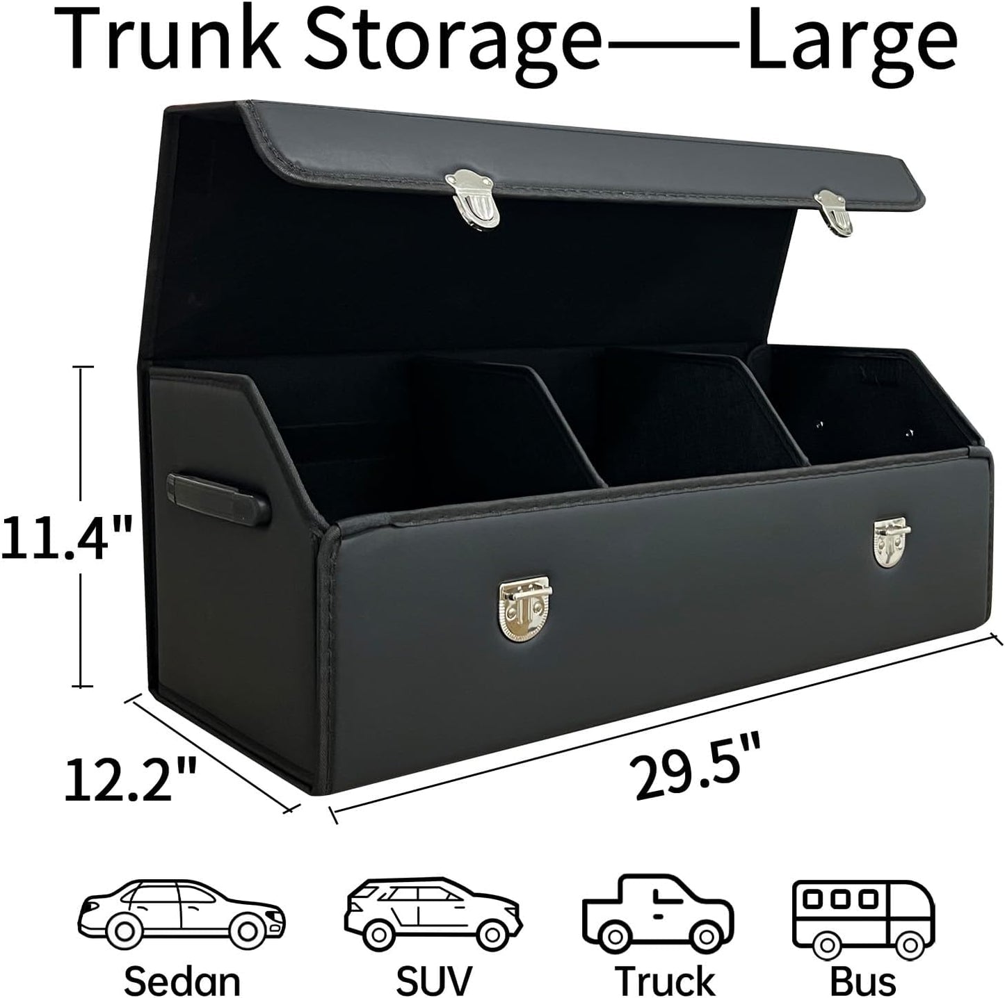 Car Trunk Organizer with Lid,Foldable Faux Leather Cargo Storage Box,3 Compartments,Collapsible Multi-Functional for SUV,Sedan,Vehicle Trunk