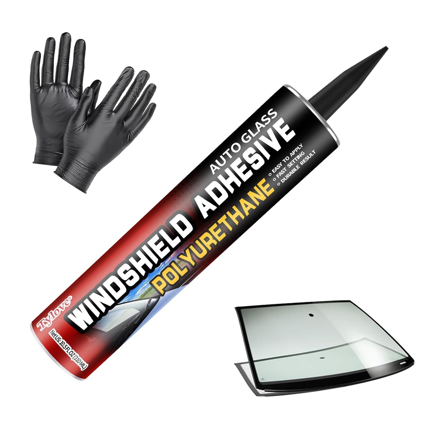 Professional Strength Urethane Windshield Sealant – Quick Curing, Weather Resistant Auto Glass Glue for Vertical & Overhead Application, 10.5oz Black, Includes Gloves