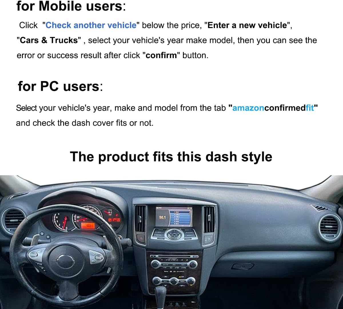 Dash Cover Mat Custom Fit for 2009-2015 Nissan Maxima (Black) F98