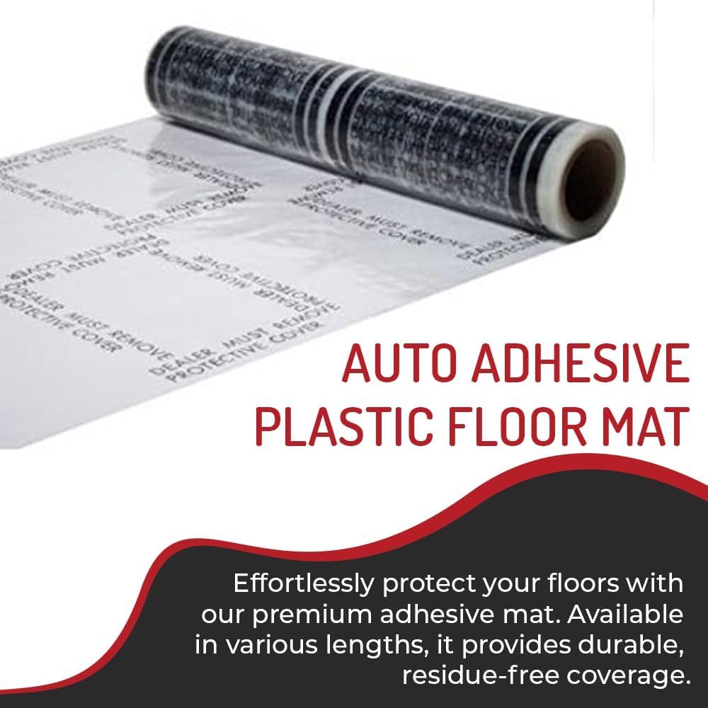 Hi-Tech Auto Adhesive Plastic Floor Mat, 4 mil | Perforated Every 24" | 100 Mats Per Roll | (21" Wide, 200' Long)