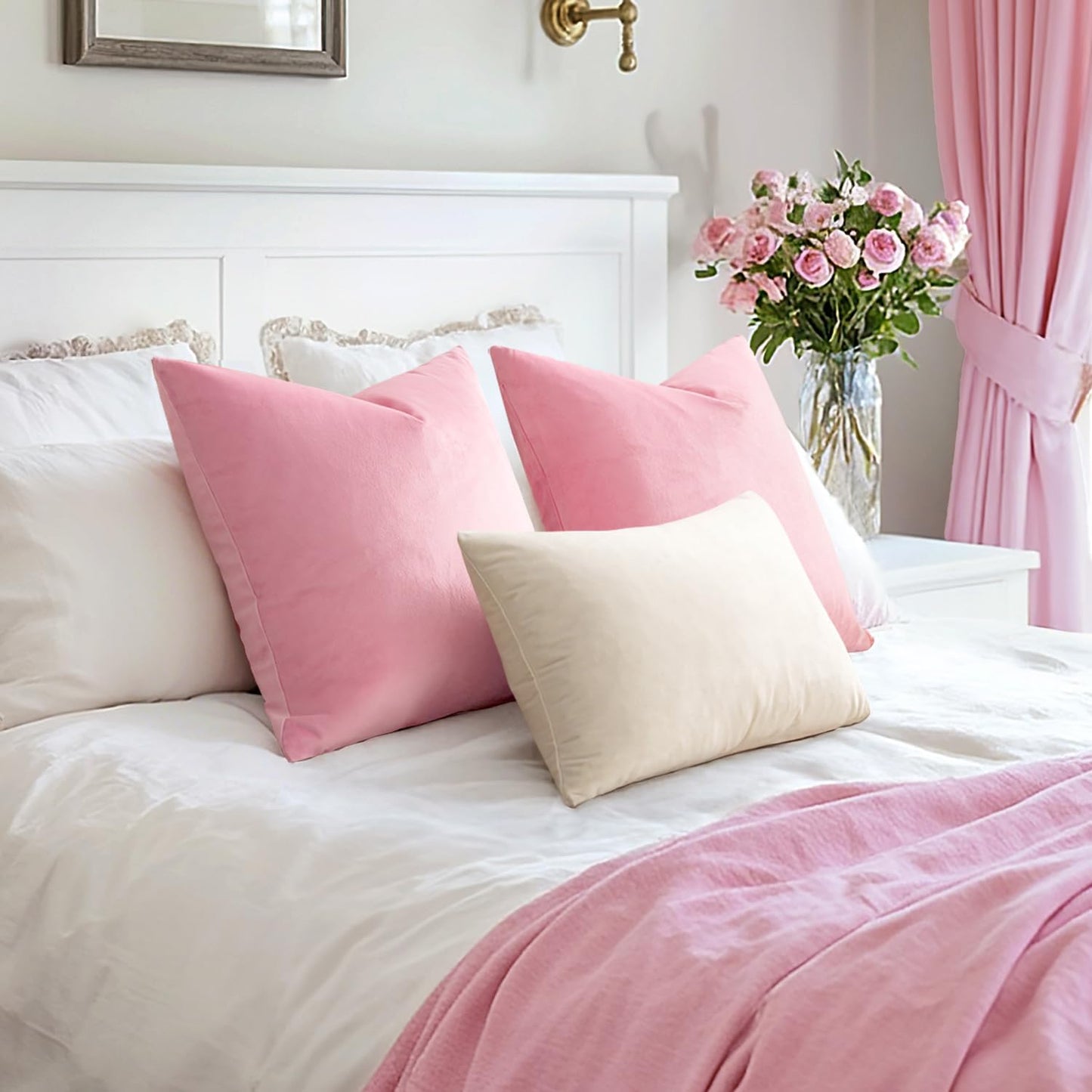 EMEMA Pack of 2 Velvet Pillow Covers Decorative Square Pillowcase Soft Solid Cushion Case for Sofa Bedroom Car 16x16 Inch Bright Pink
