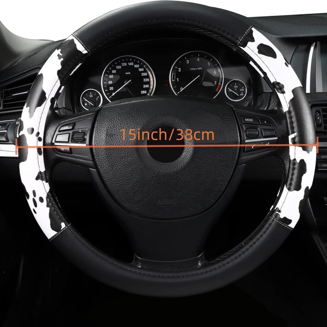 Cow Print Steering Wheel Cover, Universal 15 Inch Cute Steering Wheel Cover for Women, Breathable Anti-Slip Car Steering Wheel Protector, Fashion Auto Interior Accessories for Cars, SUVs & Trucks