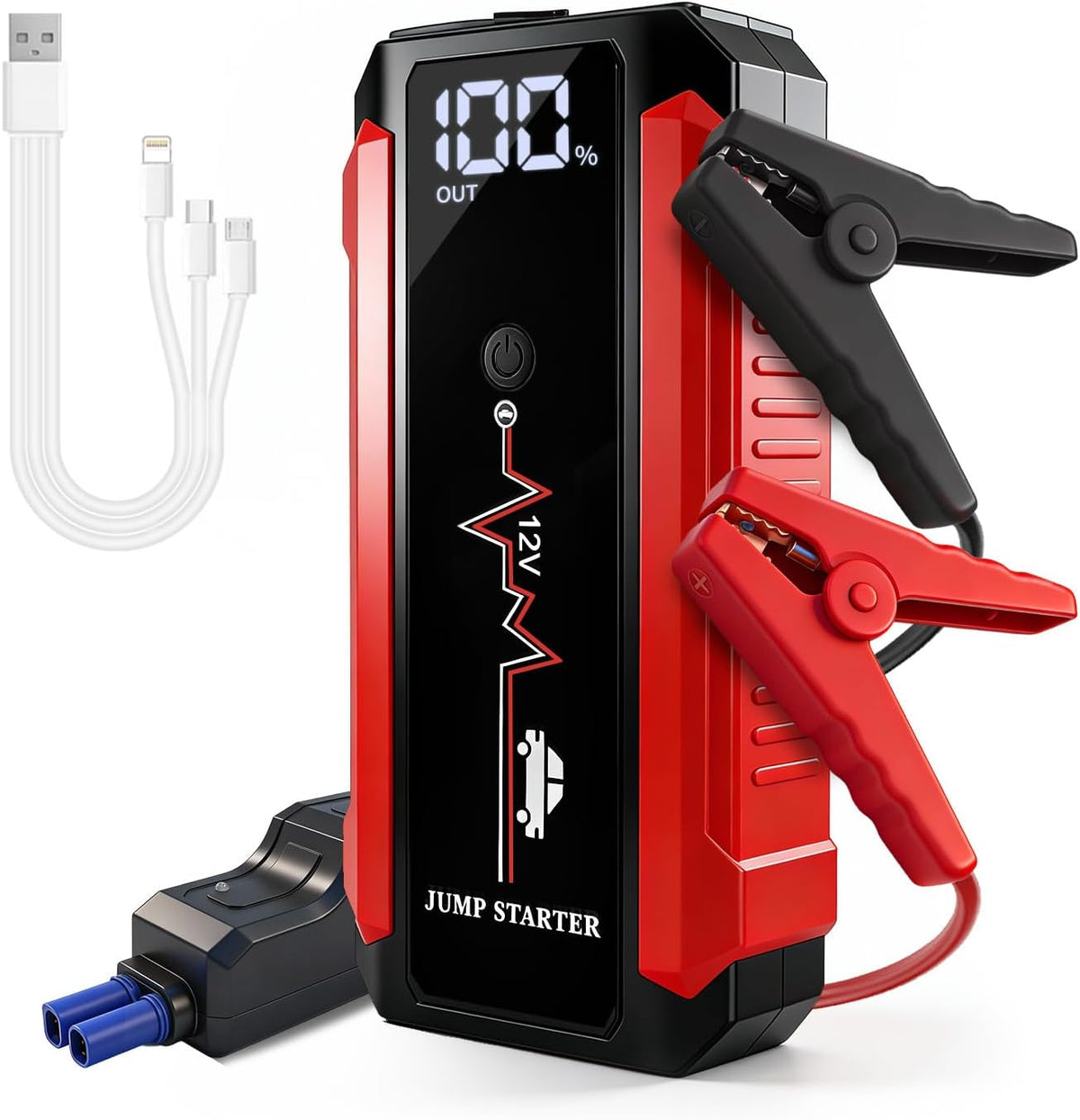 Car Battery Jump Starter,1200A Peak Portable Jumper Starter Battery Power Pack for 12V Gasoline Car,Portable Jump Box with 3Modes Flashlight and Jumper Cables CarStarter with LCD Display and LED Light