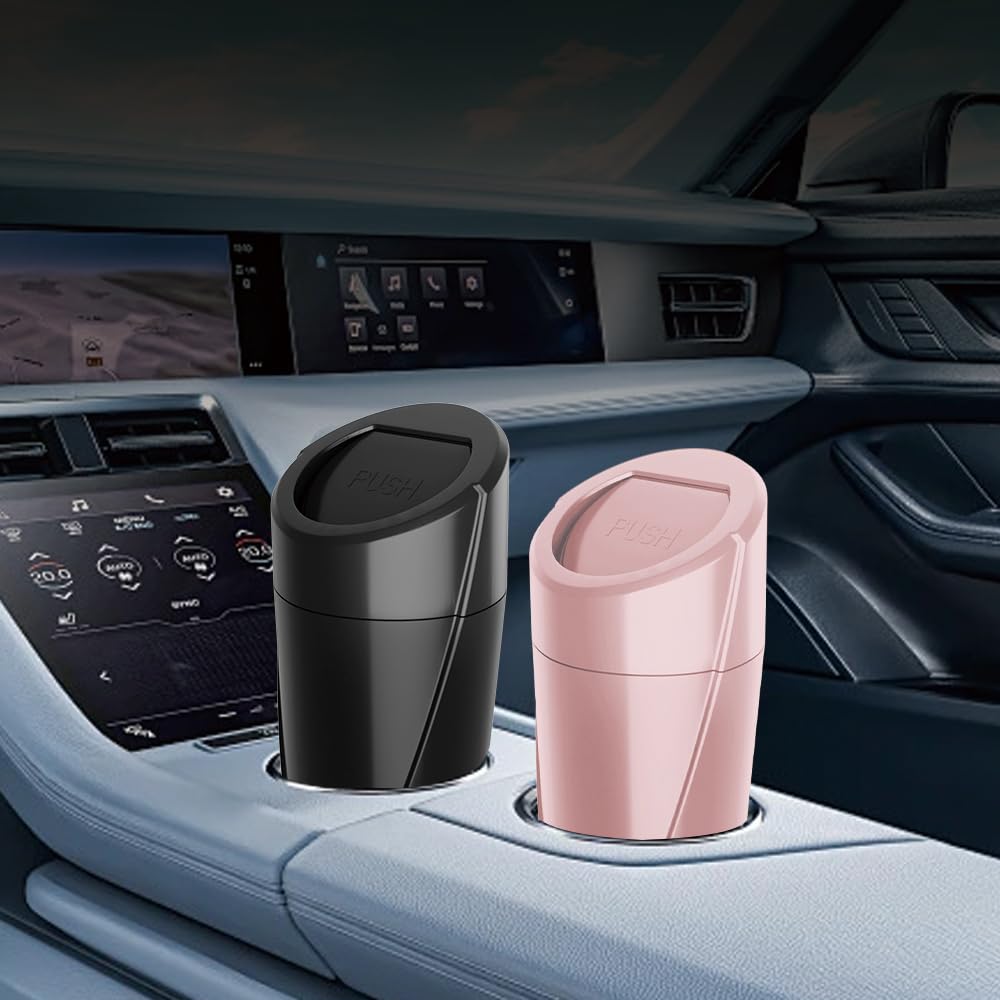 Car Trash Can with 90 Free Garbage Bags - Waterproof, Lid-Closed, Easy-to-Clean Cup Holder Trash Can, Ideal for Car Organization (Black & Pink Combo, 2-Pack, Perfect for Home, and Travel)