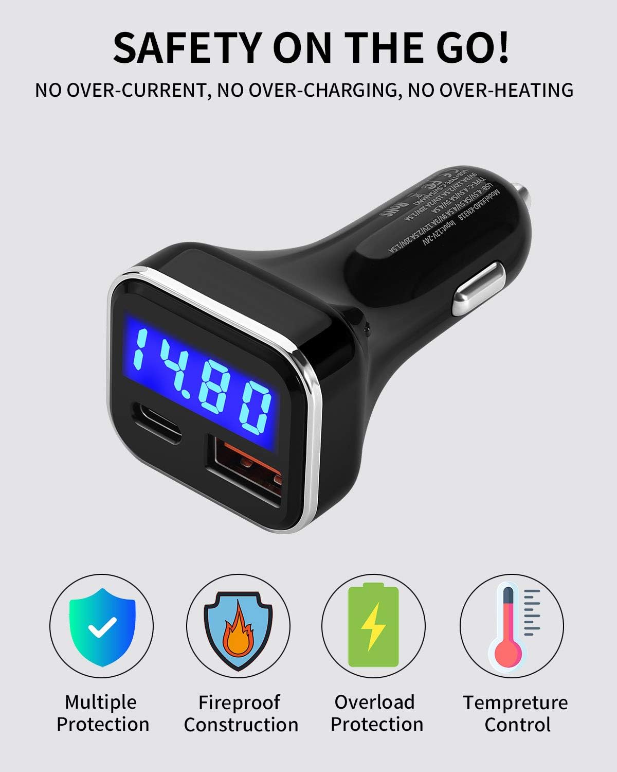 Alivation USB C Car Charger Adapter with Voltage Meter Battery Monitor, 30W Cigarette Lighter Type C Fast Charge Power Delivery & Quick Charge 3.0 with LED Display Compatible With iPhone 15 Galaxy S23