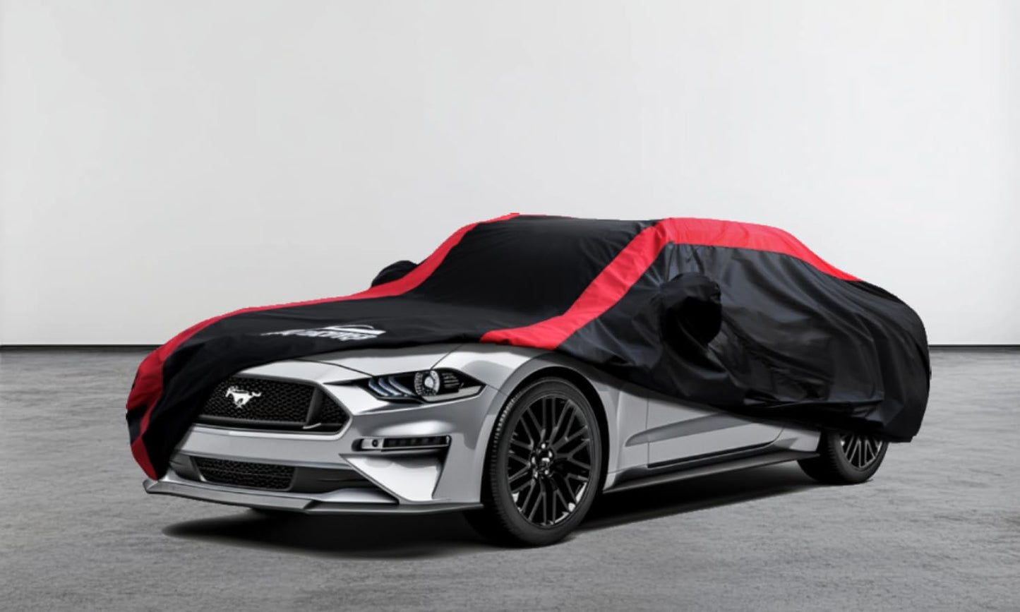Mustang Car Cover Waterproof All Weather with Red Strip Design, Custom Fit for Ford Mustang 1994–2025, Mustang Accessory with Door Zipper & Windproof Straps