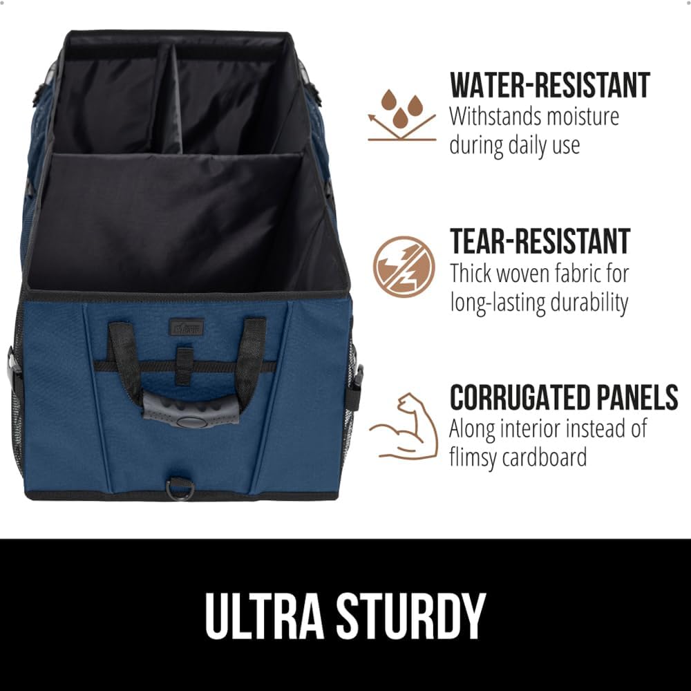 GORILLA GRIP Trunk Organizer for SUV and Cars, Large Capacity Collapsible Car Trunk Storage Organizer, Heavy Duty Car Accessories, Gifts for Mom and Dad, Slip & Water Resistant Multi Compartment, Blue