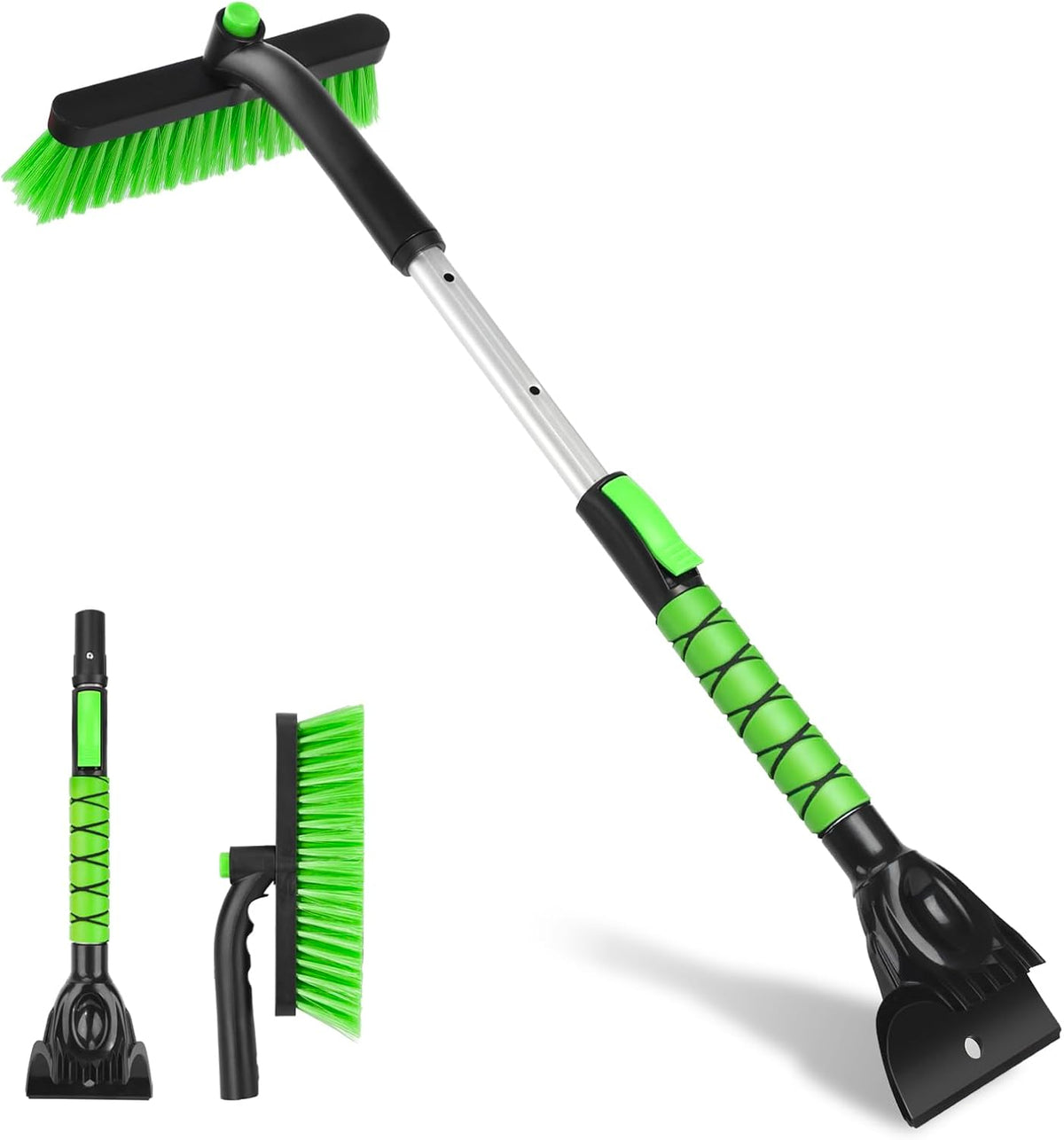 Snow Brush with Ice Scraper 33 inch, 2 in 1 Extendable Snow Removal for Cars with Foam Grip and 360° Pivoting Brush Head, Heavy Duty Snow Cleaner for Auto Truck SUV