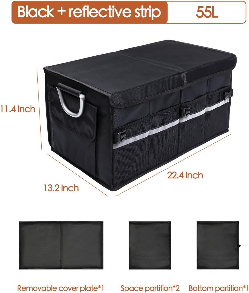 Trunk Organizer With Lid,Medium,Black 55L,For SUV Car Truck,Collapsible Waterproof Oxford Fabric,Portable Multipurpose sorting,3-Compartments with Aluminium Alloy Handle